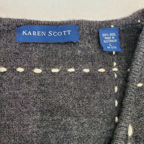 Karen Scott 100% Wool Made in Australia Zip Up Vest Gray/White Stitching SZ L - Picture 7 of 9